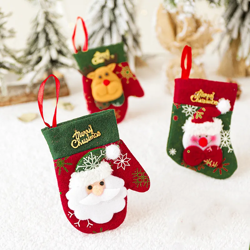 Arbre de Noël suspendu décor père Noël bas mini dessin animé chaussettes de Noël enfants sac cadeau gants de flocon de neige décoration de festival BH5184 WLY