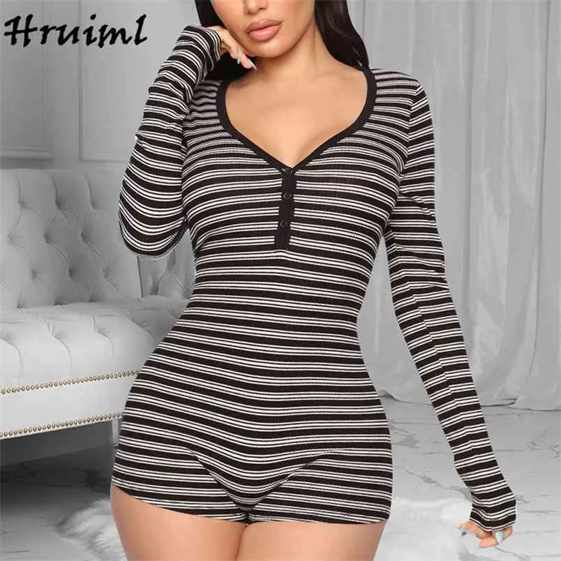 Striped Clothes Home Casual Style Long Sleeve Jump Suits for Women Fashion Skinny Sexy V Neck Pantalones Cortos De Mujer 210513