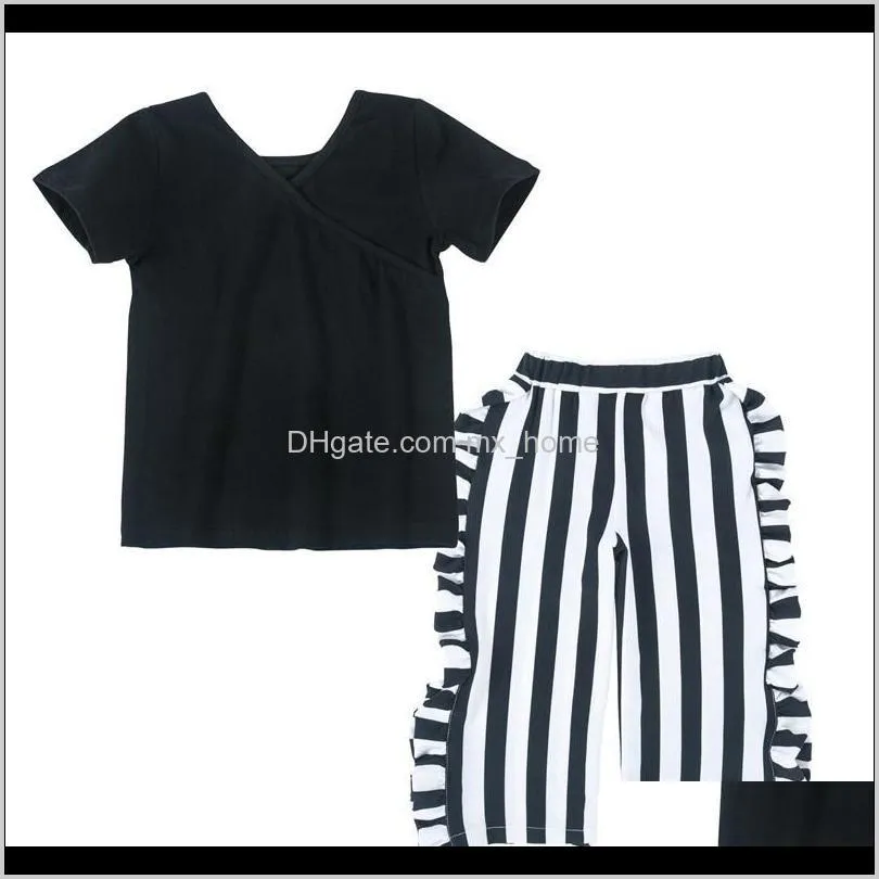 new fashion ins girls clothing sets children`s black short sleeve top + stripe wide leg pants 2 pcs suit kids clothes