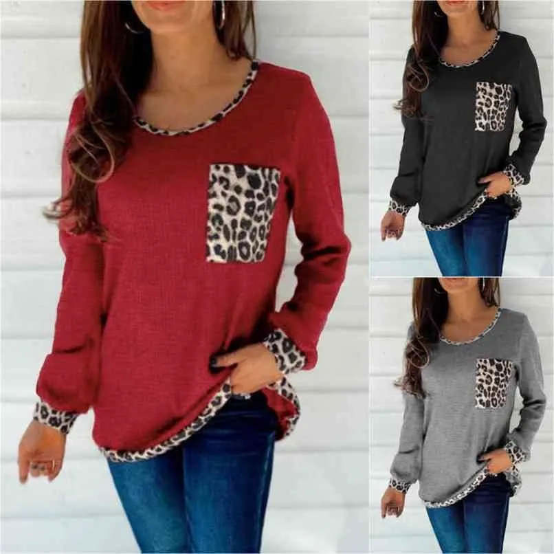 Herfst Dames lange mouw T-shirts Mode Ronde hals Patchwork Leopard Print Dames Trui Shrats Outdoor Sports Casual Kleding G93H2F7