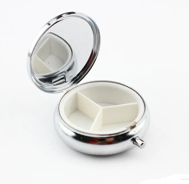 Metal 3 Grid Pill Box boxes Organizer Medicine Organizer Container Case Round Jewellery Storage Pocket Portable Silver Color SN3224