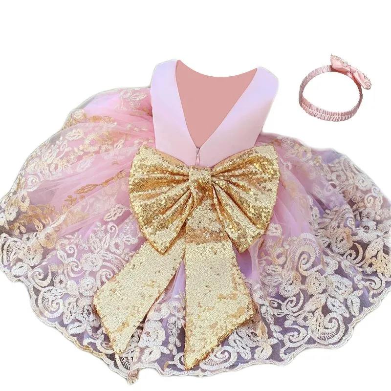 Mädchenkleider Kleinkind Baby Mädchen Tutu Prinzessin Kleid Pailletten Schleife Kleider 1. Geburtstag Hochzeit Party Blush Pink