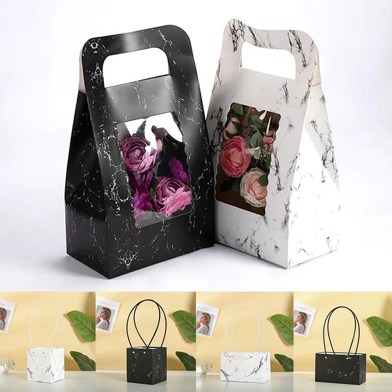 Marbling Flower Packing Box Black White Florist Bouquet Paper Bag med Lanyard Handle Presentförpackning Festival Supplies Wrap