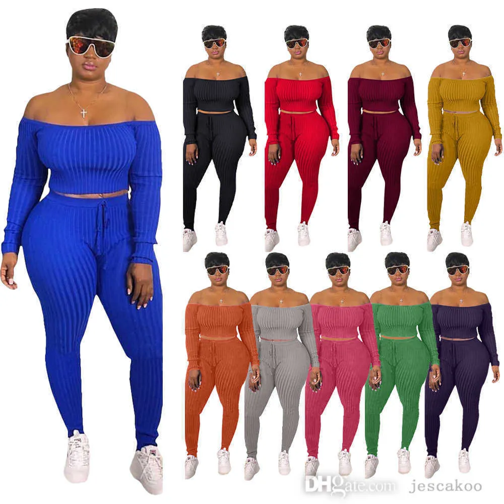 Designer Kvinnor Plus Storlek Tracksuits Sweatsuits Sexig Off Shoulder Sweater Leggings Outfits Dam 2 Piece Jogger Sets