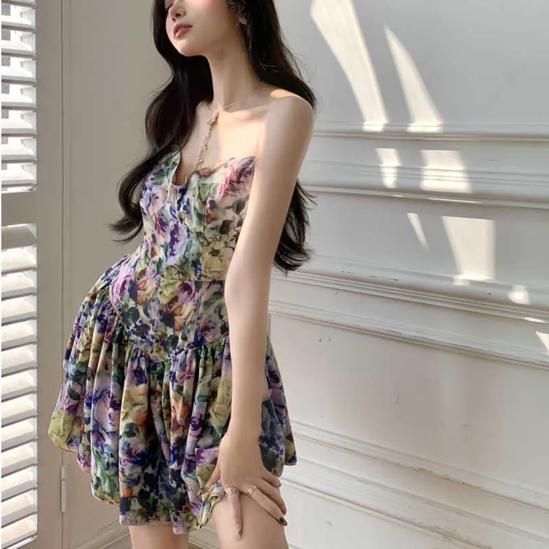 WOMENGAGA Floral Suspender Tank Dress Sexy Boho Fishtail Pleated Bow Women's Summer Tops A-line Dresses S1S5 210603