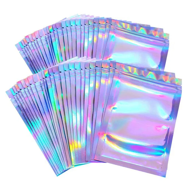 Sacs refermables anti-odeurs Mylar Foil Pouch Flat Zipper Bag Laser Rainbow Holographic Color Packaging For Party Favor Food Storage/Lipgloss/Jewelry