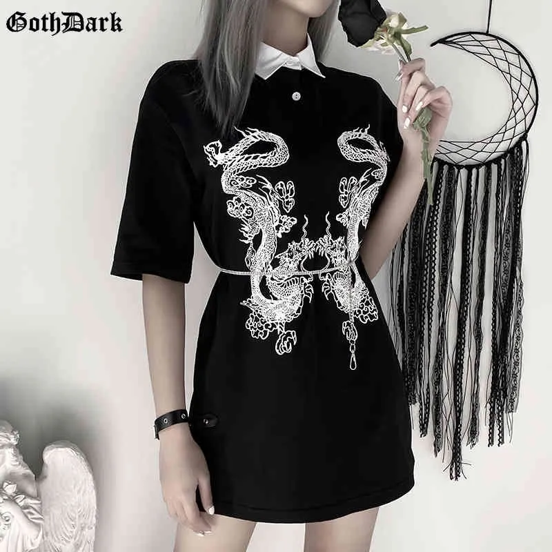 Goth Dark Dragon Print Vintage Gothic Kvinna T-Shross Vår 2021 Egirl Grunge Punk Emo Y2K Estetisk Harajuku Tshirt Kvinnor Chic Y0508