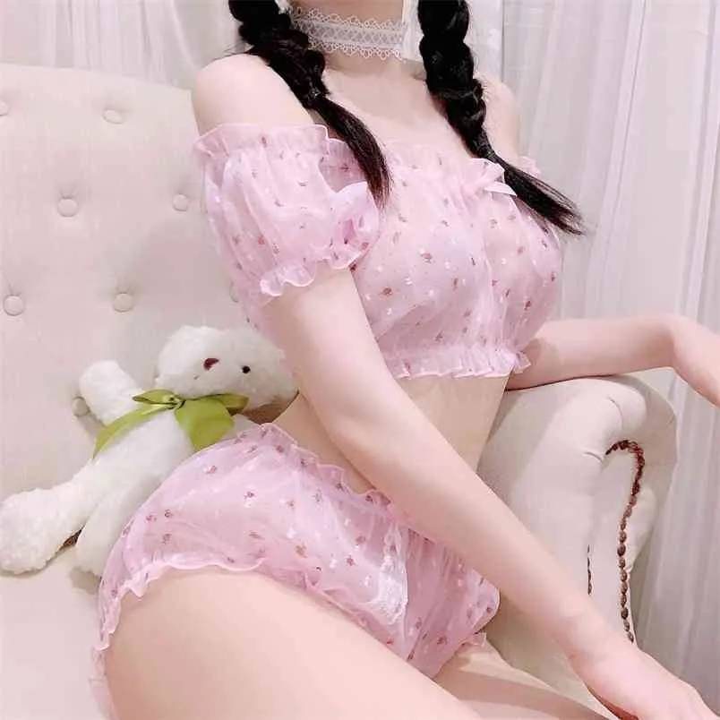 Kawaii sommar pyjamas kvinnlig transparent prinsessa hem kläder 2 stycke uppsättning för kvinnor lolita sleepwear sexig underkläder 210830