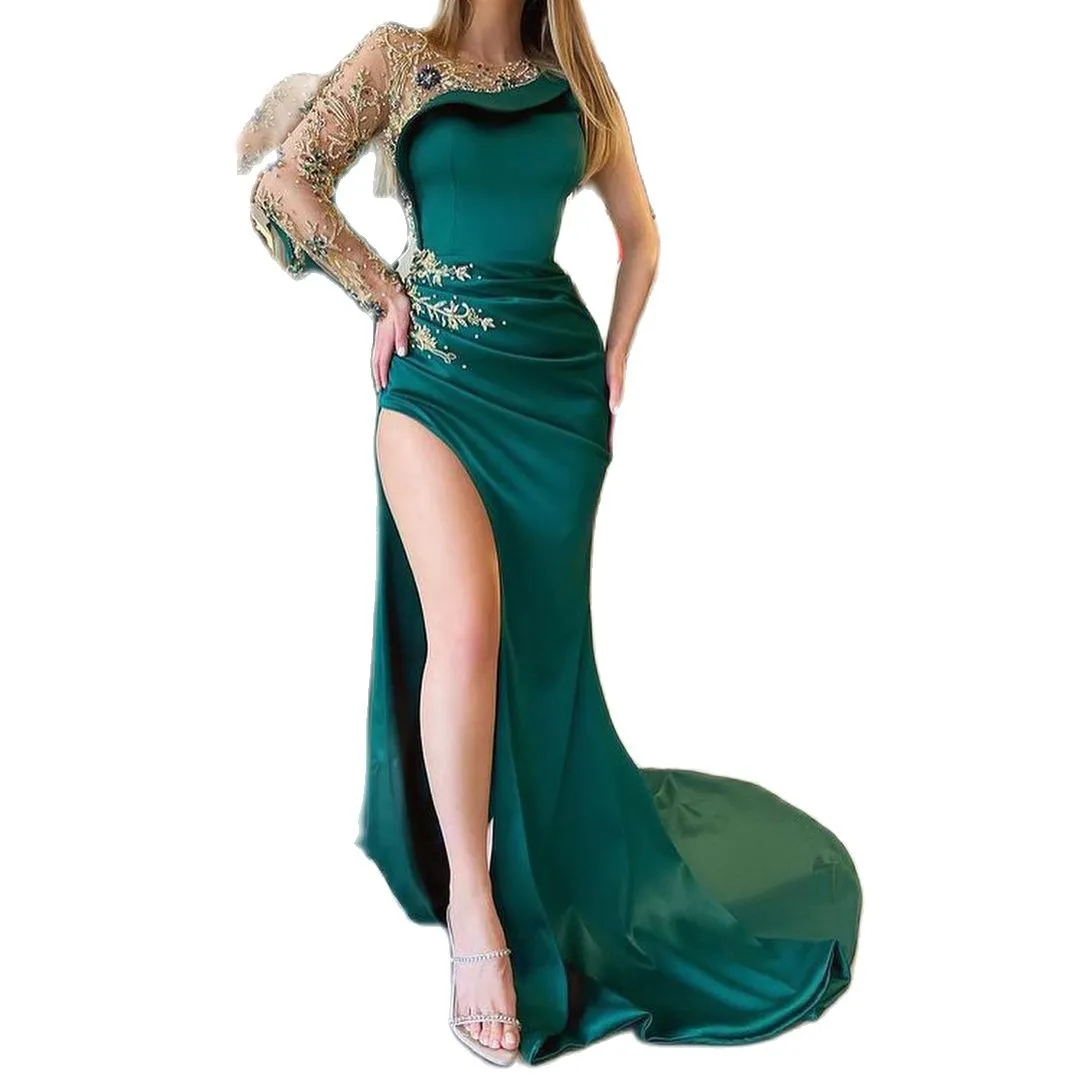 Muzułmańskie Dark Green Mermaid Suknie Wieczorowe Elegancka Satyna Zroszona Koronki Aplikacja Prom Formalna Dla Kobiet Party Suknie
