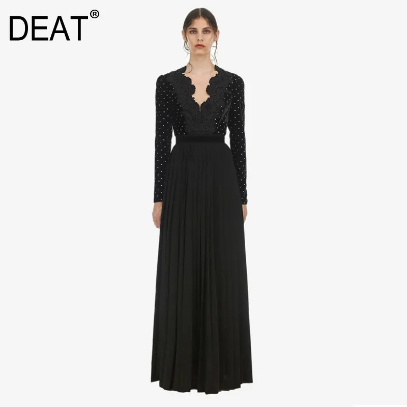 Lace Black Patchwork V-Neck Collar Diamant Pleated Maxi Klänningar för Kvinnor Mall Goth Trend Fashion Spring GX493 210421