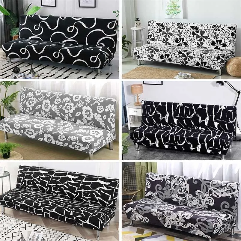 Funda de sofá cama blanca y negra, sofá elástico sin reposabrazos, asiento plegable para Cubre Single 211207