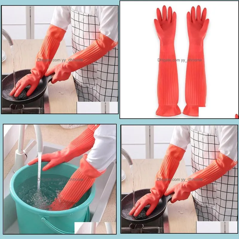 Extended kitchen dishwashing gloves durable rubber household wear resistant thickened waterproof household cleaning clothes Plush