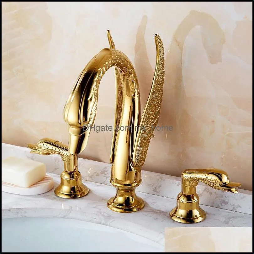 Tuqiu Bathroom basin brass faucet gold widespread Swan faucet black Tap luxury Basin Mixer Hot And Cold shower room sink