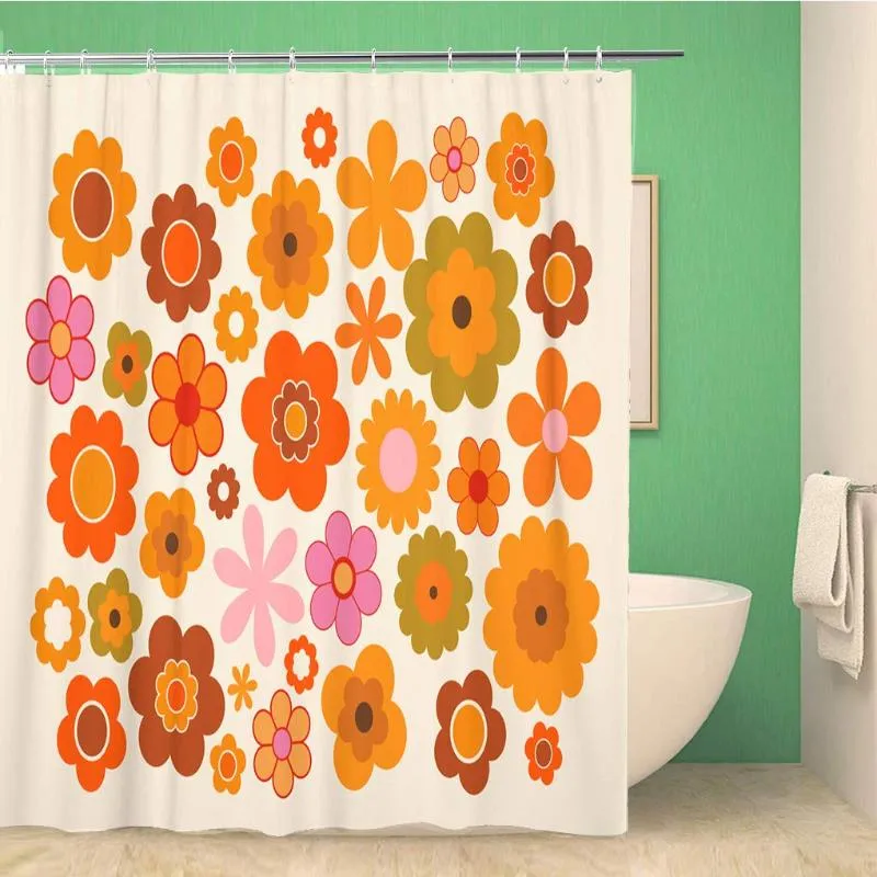 Rideaux De Douche Rideau Orange 70S Vintage Fleurs Green Power 1970 Rétro Seventies 60x72 Pouces Polyester Imperméable Décor De Salle De Bains