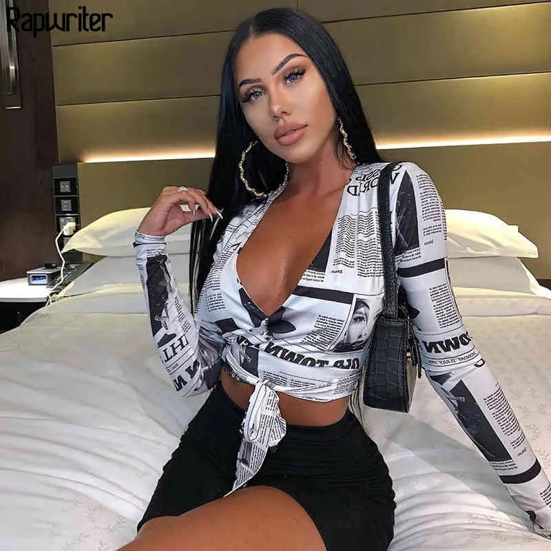 RapWriter Moda Gazeta Print Cross Deep V-Neck Lace-UP Damska Bluzka Streetwear Crop Top Długą Rękaw Retro Seksowna Koszula 210415