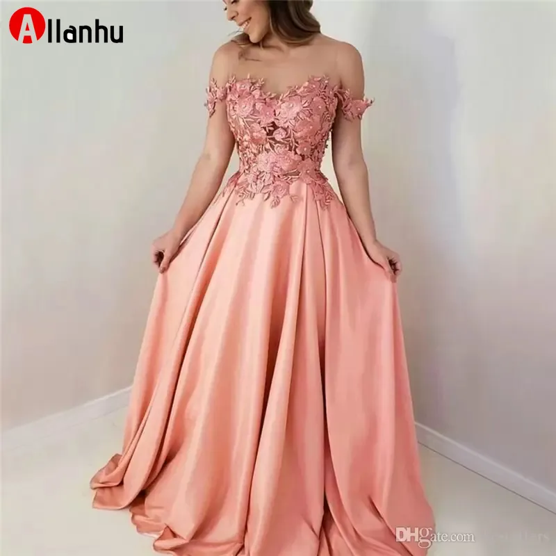 NEW! Scoop A-Line 2022 Long Bridesmaid Dresses Floor Length Flower Lace Applique Crystal Satin Evening Dresses vestidos de fiesta noche DWJ0208