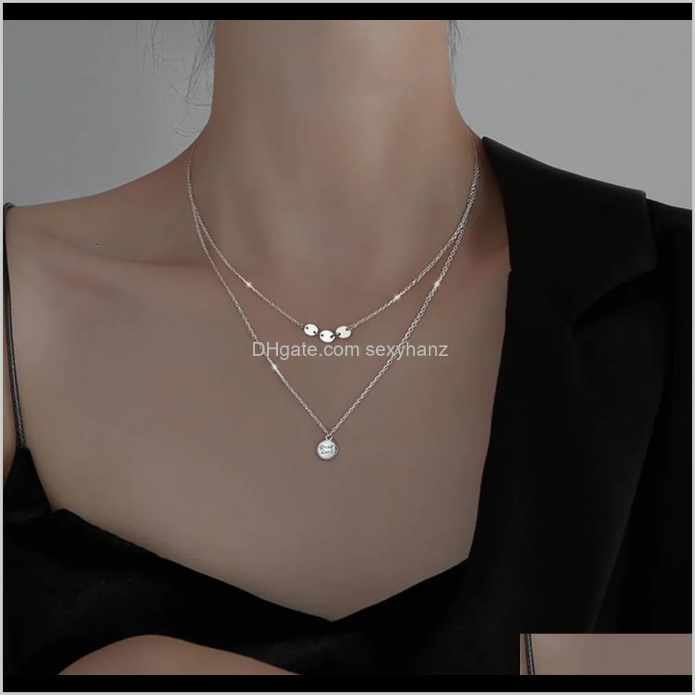 double layer wafer pendant necklace women`s 925 pure silver japanese and korean temperament simple cold wind niche design sense of