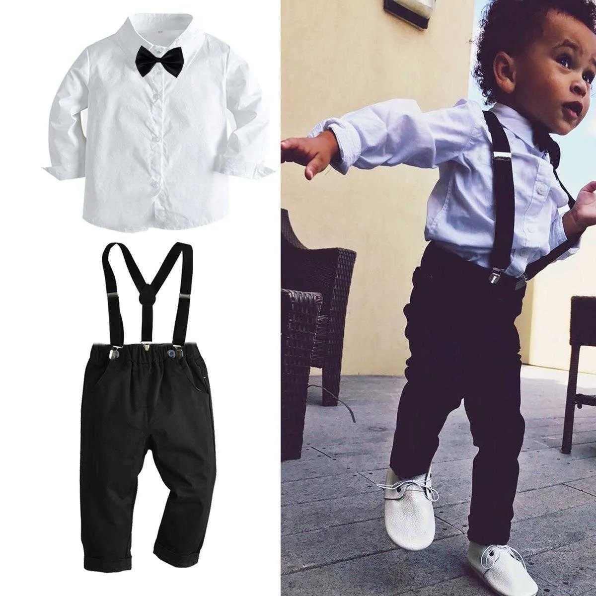 Dzieci Childrens Boys Black Bow Tie Garnitur Podwiązźnia Czarne Spodnie i Biała Koszula 2 Sztuka Zestaw Odzieżowa Formalna Suknia Bankiet Delikatne Powrót do szkoły Ubrania L729R5T