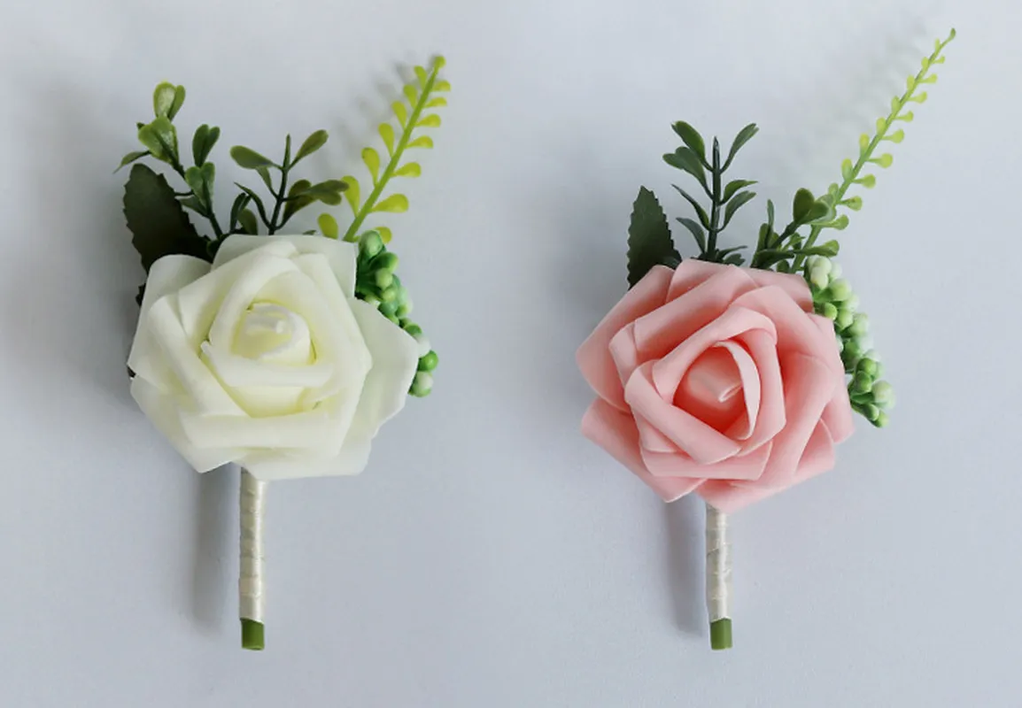 Wedding PE Rose Brooch Artificial Decorative Flowers Corsage Bride and Groom Boutonniere