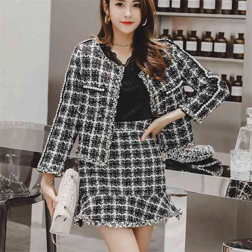 Herfst Winter Plaid Twee Stuk Set Tweed Parels Rok Pak Runway Dames Jas Jas + Mode Mini Mermaid Sets 210514