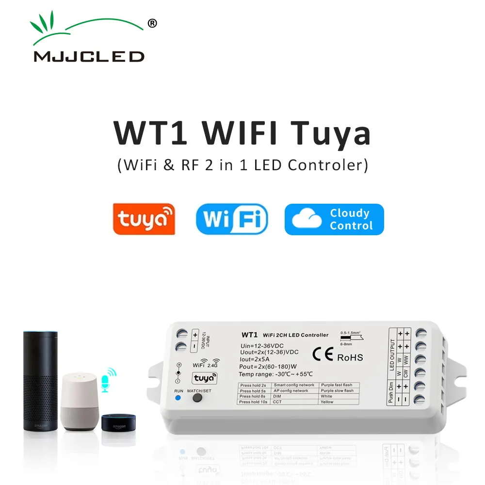 Tuya ledde Dimmer 12V 24V 36V DC 2CH 10A Smart WiFi 2.4G RF Wireless Remote Push Dimning Switch WW CC CCT Controller WT1 Dimer