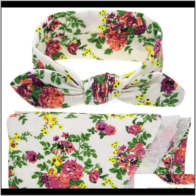 newborn baby swaddle wrap blanket set infant kids flower floral print cloth knot bow cap headbands shipping