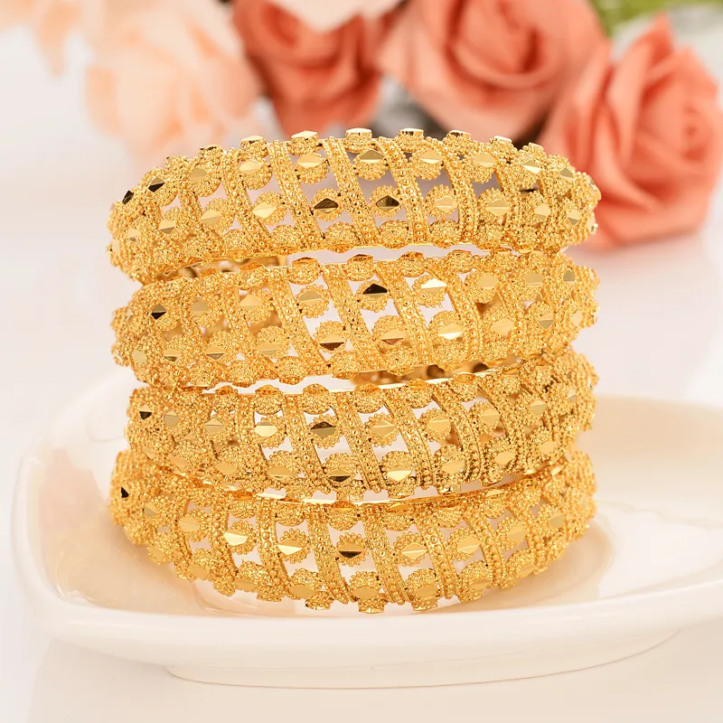 18 K Fine Solid Yellow Fylld Manschuff Bangle Kvinnor Brud Bröllop Etiopiska Armband Guld Smycken Charm Party Gåvor