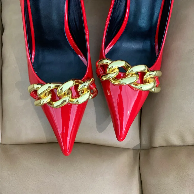 Casual Designer Sexy Lady Fashion Women Shoes Red Patent Leather Chains Pointy Toe Stiletto Stripper High Heels Zapatos Mujer Prom Evening pumps
