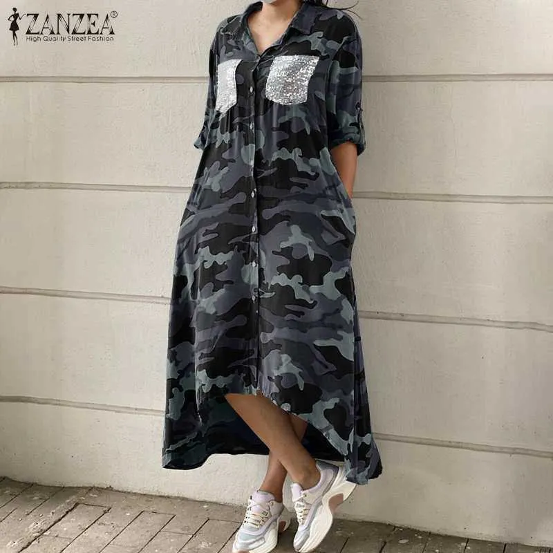Frauen Mode Midi Hemd DrFemale Pailletten Taschen Vestido Casual Button Down Kleider ZANZEA Retro Camouflage Print Robe 5XL X0529