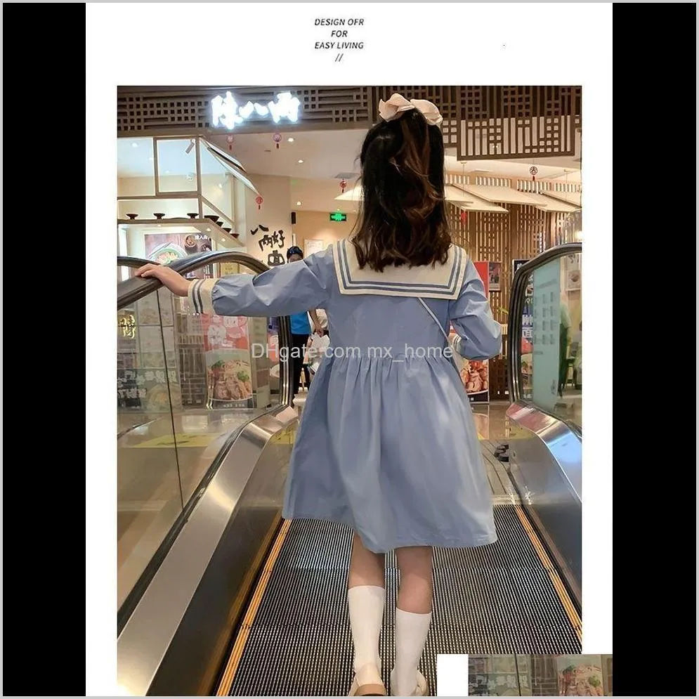 girls` dresses 110-160 cm teenager girls long-sleeved college knee-length style navy collar spring autumn clothes for big kids