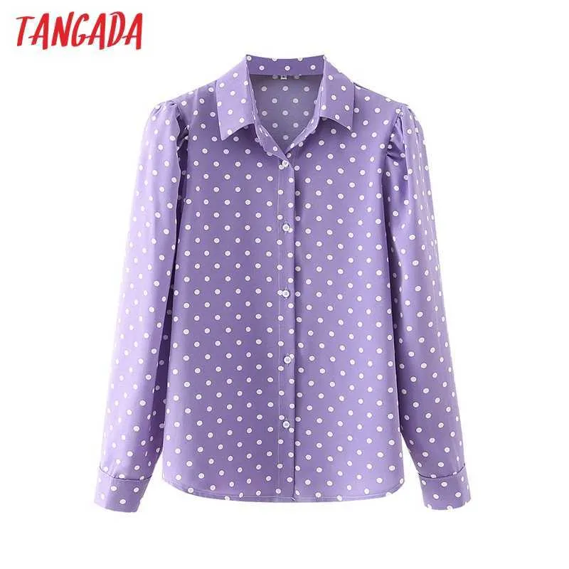 Tangada Women Retro Purple Dots Print Chiffon Shirt Blouse Puff Long Sleeve Chic Female Tops DA123 210609