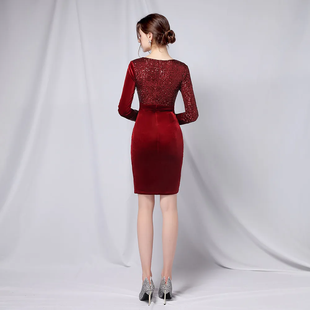 2022 New Knee-Length Velvet Sequin Black Sequin cocktail dress with Long Sleeves and Little Black Silt Closure - Perfect for Evening Parties 2022 New Knee-Length Velvet Sequin Black Sequin cocktail dress with Long Sleeves and Little Black Silt Closure - Perfect for Evening Parties
