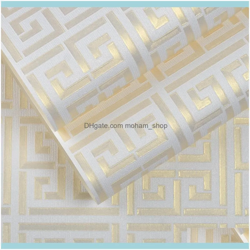 Wholesale-Contemporary Modern Geometric Wallpaper Neutral Greek Key Design PVC Wall Paper For Bedroom 0.53m X 10m Roll Gold On White1