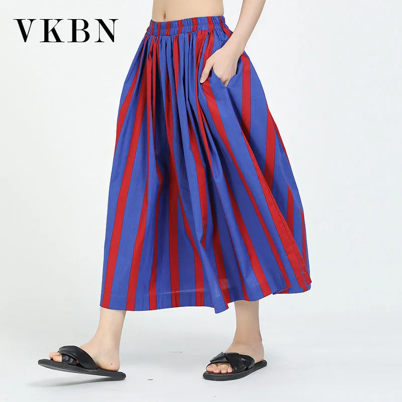 VKBN Spring Summer Skirts for Women Korean Style Striped Red Khak Green Kawaii Plus Size Skirt 210507
