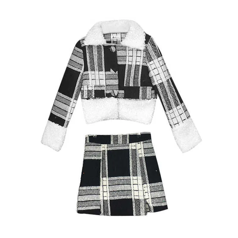 Misschien ben je vrouwen zwart wit plaid tweed jas mini rok rits potlood 2 twee stuk set pak elegante winter faux lam wol T0078 210529