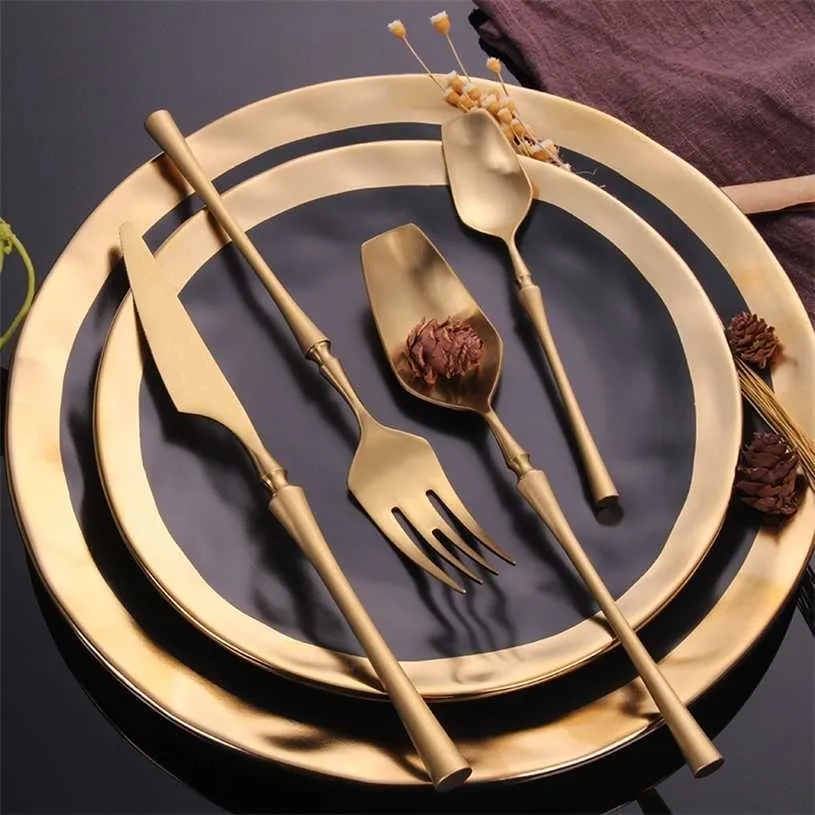 Cutlery Set Matte Gold Stainless Steel Dinnerwar Forks Spoons Knives Silverware 211228