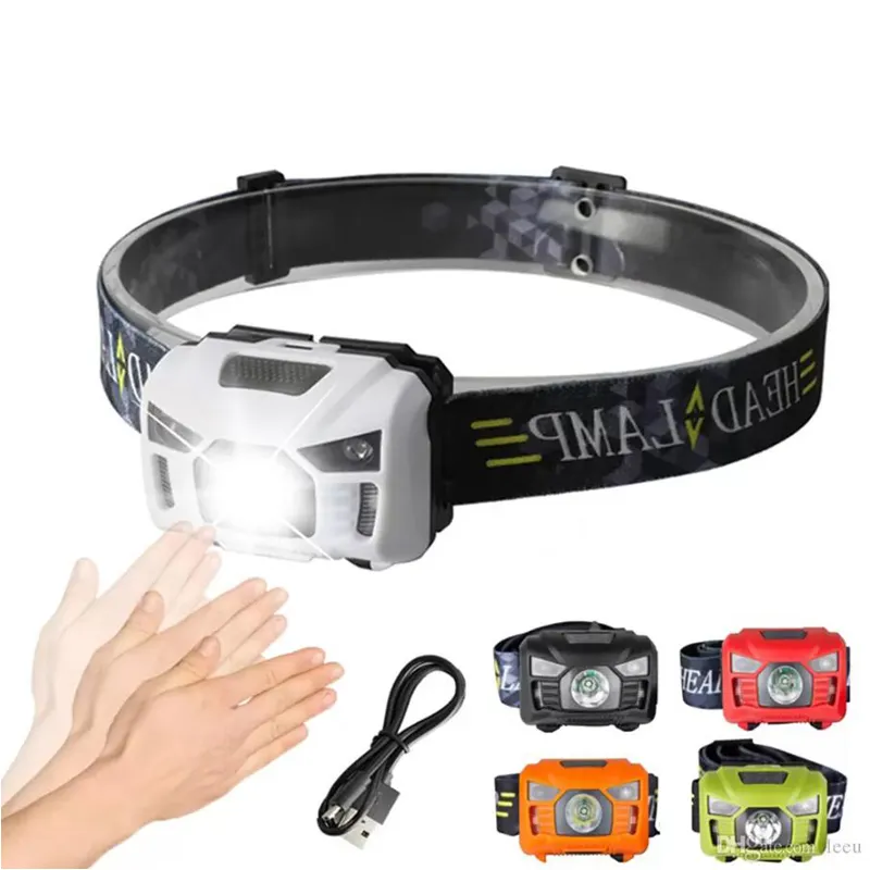 5W LED Body Motion Sensor Headlamp Mini Headlight Uppladdningsbar Utomhus Camping Ficklight Head Torch Lamp med USB