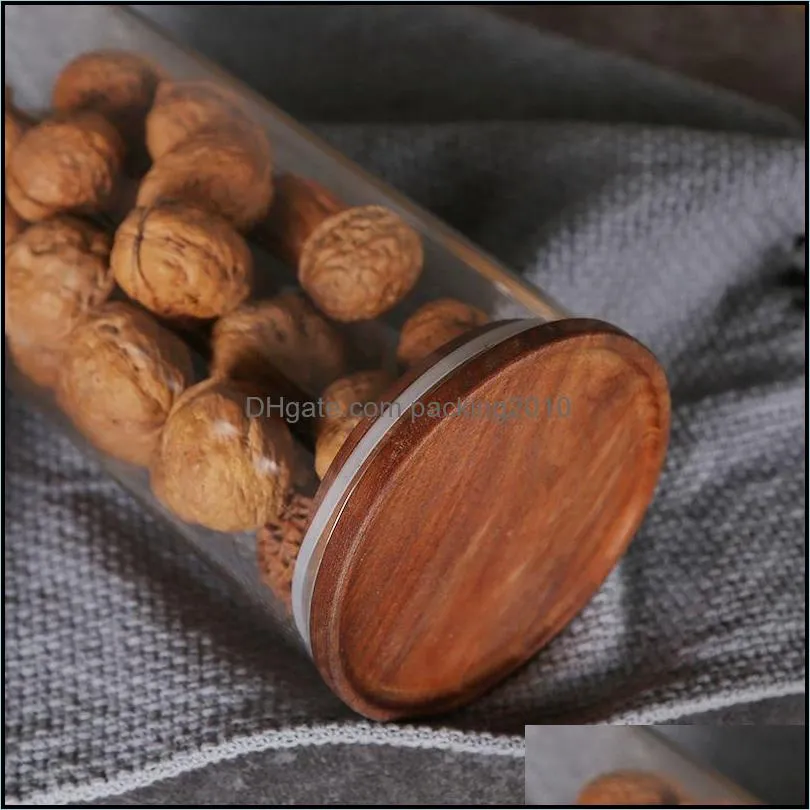 2Pcs Durable Glass Sealed Can Storage Tank Bamboo Lid Canister Glass Reusable Jar Tank Can for Grain Candy