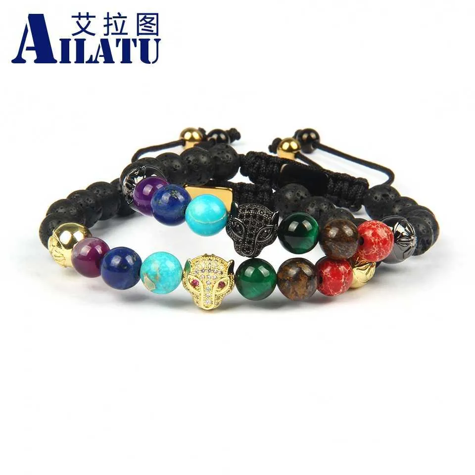 Ailatu Couples Bracelets Léopard avec Perles de Pierre Chakras Naturelles de 8mm Bijoux Panthère Service de Qualité Supérieure