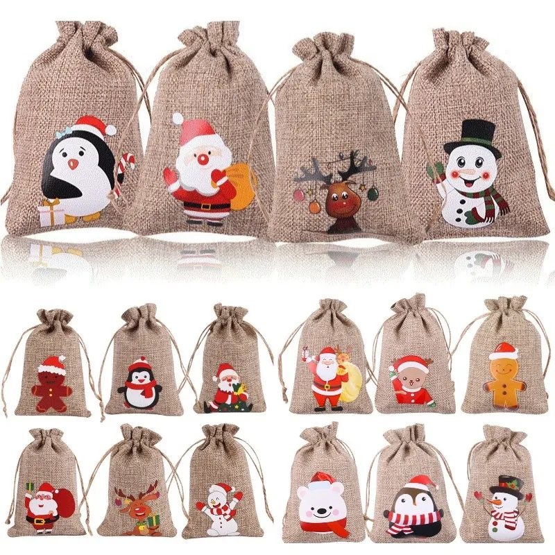 Sac de cordon de linge de jute de Noël Bagus de Noël Cadeau cadeau Santa-Claus Penguin Elk Bundle Bundle Sacs Présent Stockage Packag-Sac T9I001492