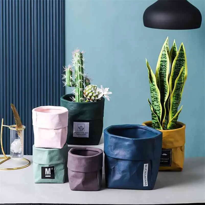 Vaso per piante in ceramica a forma di sacchetto di carta Kraft Fioriera succulenta colorata in stile industriale nordico con foro 210922