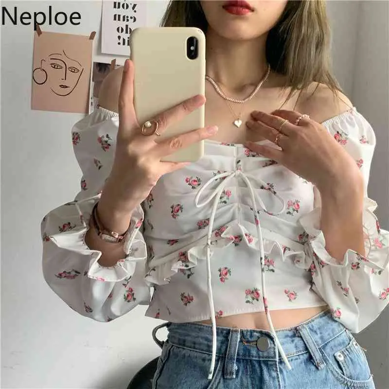 Neploe Clothes for Women Tops Slash Neck Floral Print Blouse Slim Fit Sexy Shirts Drawstring Crop Top Korean Cute Blouses 210422