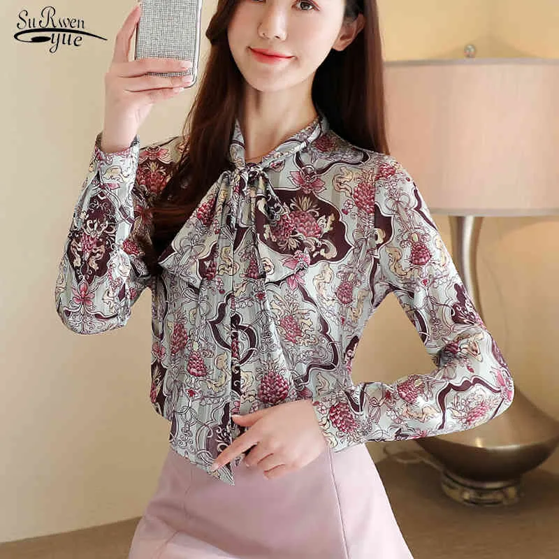 Blusas Style coréen Femmes à manches longues Chemise d'impression Floral Lâche Blouse en mousseline de soie Bureau Lady Vêtements Mode Tops 8401 50 210508