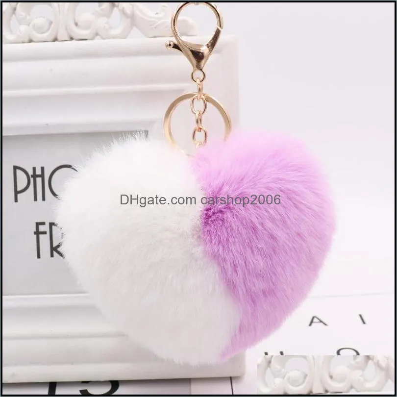 Trendy Double Color Heart Keychains for Women Pom Pom Faux Fur Key Chain Pompom Car Keyring Bag Pendant Accessories1