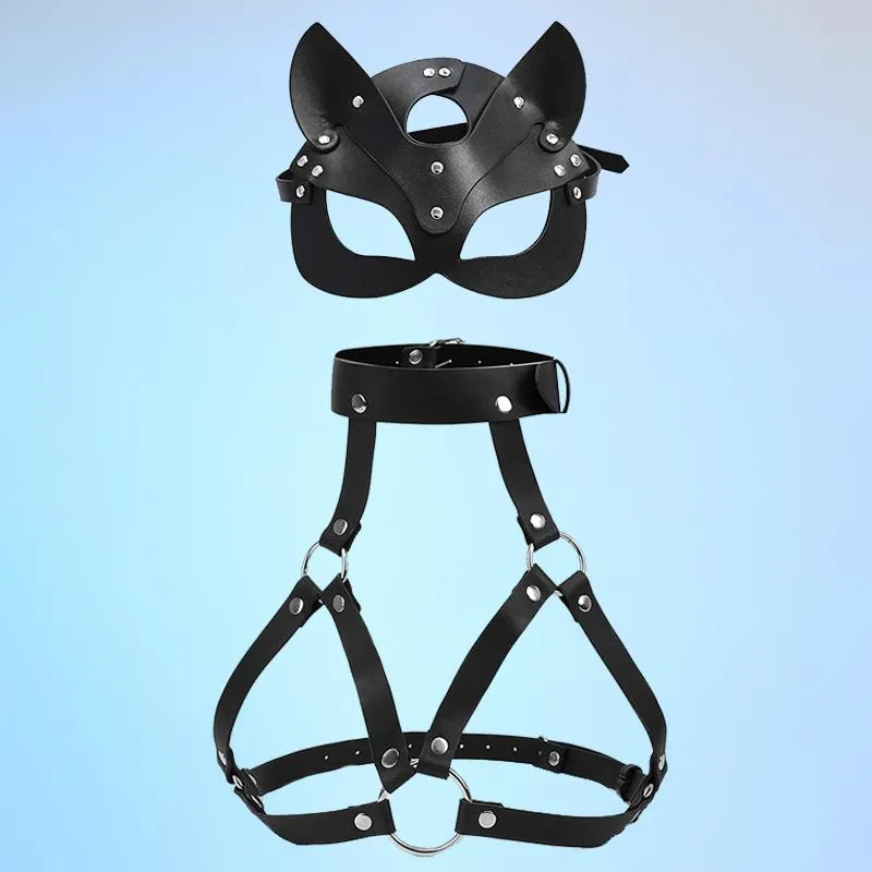 Jarretières Femmes Bondage Corps Harnais Lingerie Goth Crop Tops Cage Bra Ceinture En Cuir Avec Masque Rave Wear Pour Sex Set