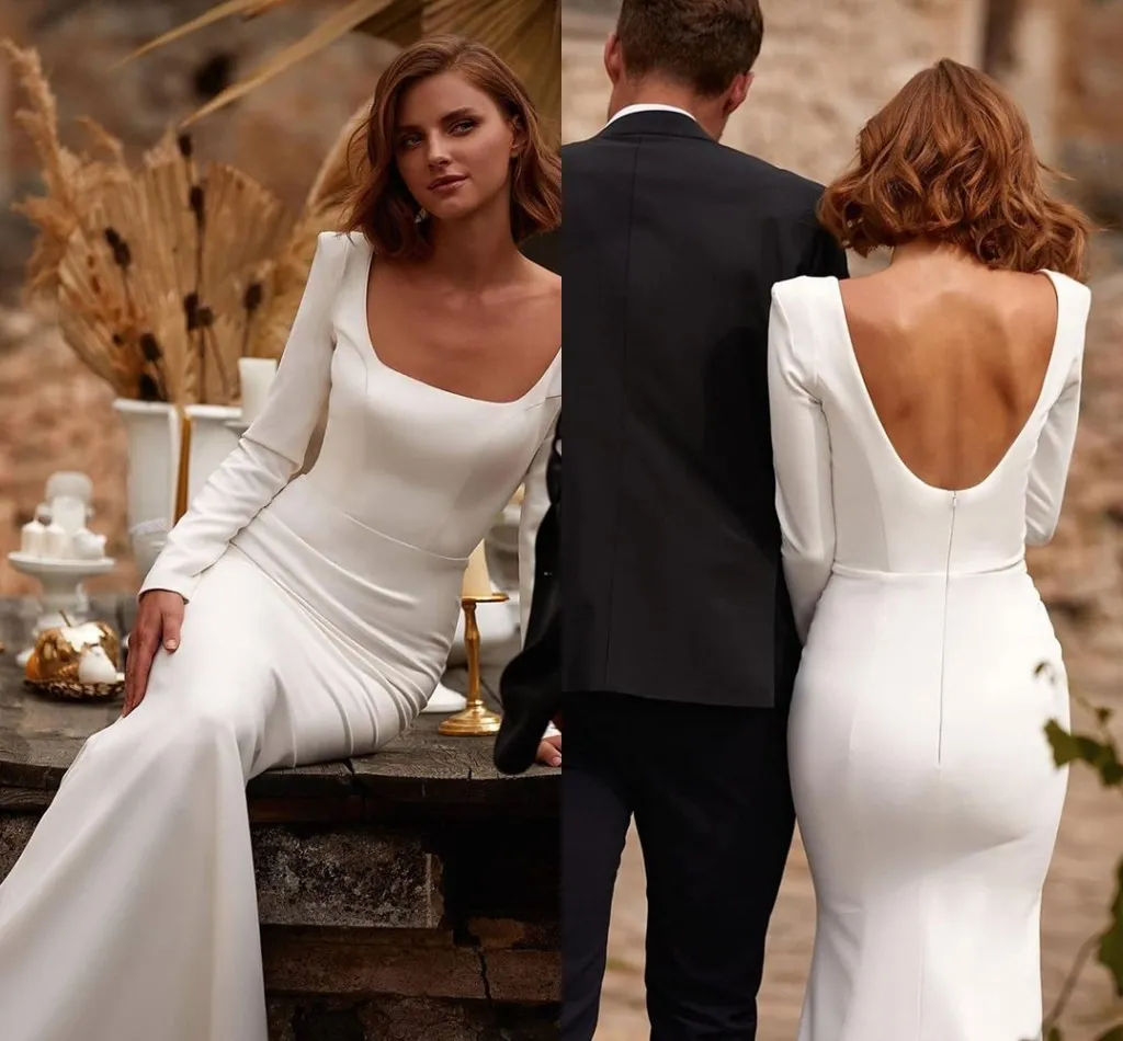 Elegancka suknia ślubna Syrenka Square Square Dekolt Długie Rękawy Satynowe Suknie Ślubne U-Kształt Backless Vestido de Noiva 2022