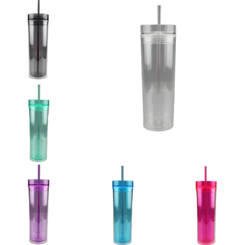 6 Renkler 22oz Temizle Akrilik Sıska Tumblers Kapaklı Saman Ile Aynı Renk Çift Duvar Plastik Şeffaf Su Şişesi Özel Kullanımlık Ofis Kahve Kupaları İçme Kupası