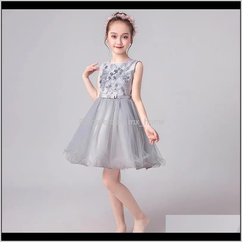 big girls ball gown dress hollow sleeveless wedding dress beaded appliqued bow zipper solid mesh lace elegant girls performance tutu