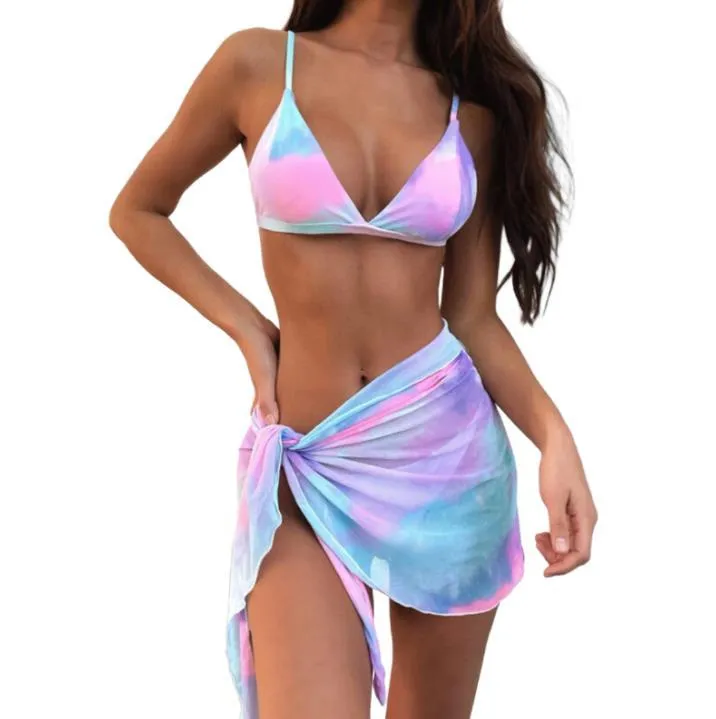 Women's Swimwear 3 Pieces Bathing Suit Female Tie-Dye Print Bikini Tops+ Panties+ Skirt For Summer S/M/L