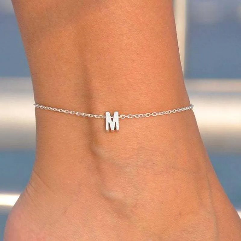 Bracelets de cheville pour femmes, 26 lettres, bijoux simples, couleur argent, cadeaux pour amis, Bijiux pour femmes